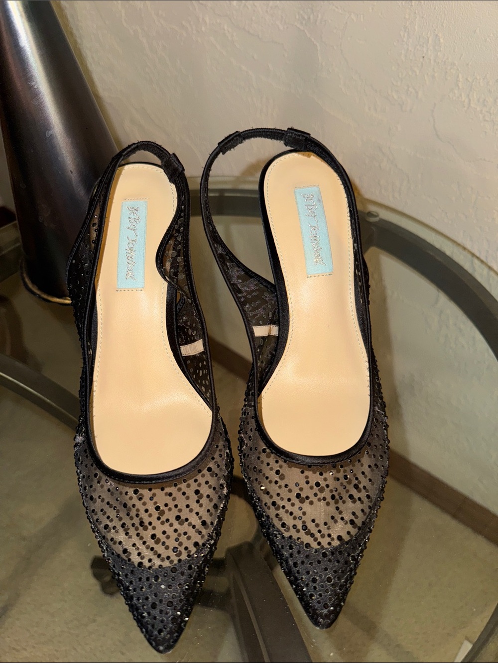 Betsey Johnson Black Pointed Mesh Slingback Heels with Crystal Accents